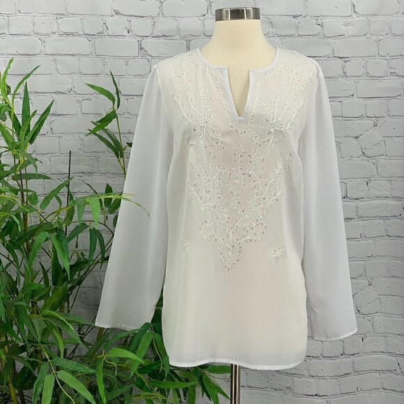 Notations Tops - 🎉Notations White Sheer Blouse w/ Beading Detail
